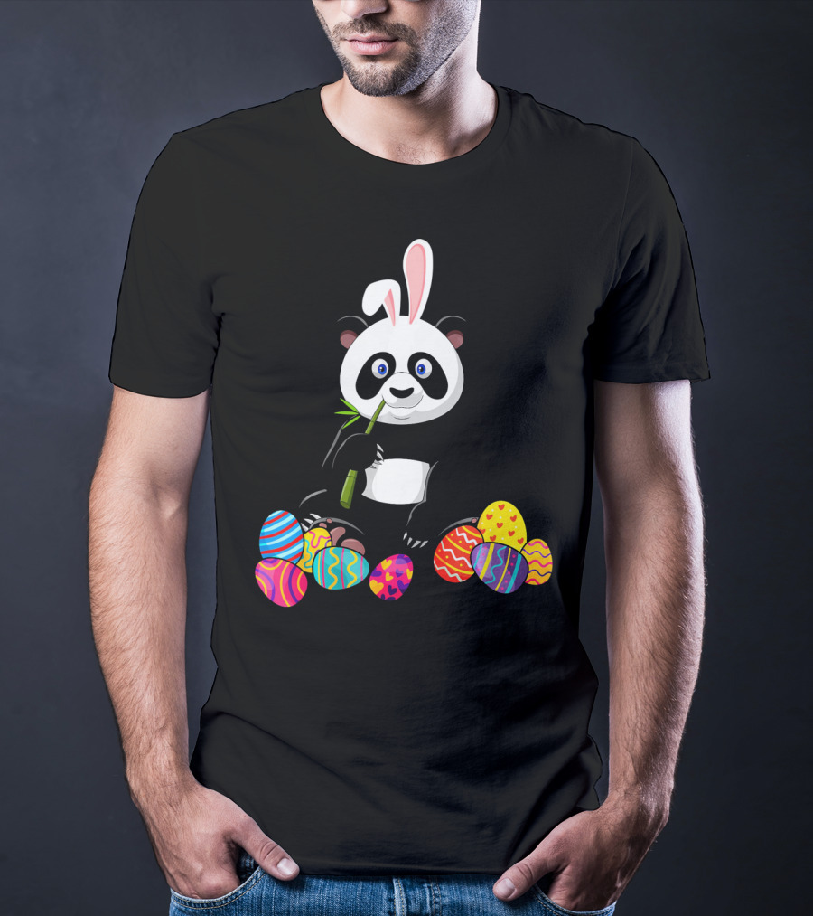 Panda With Bunny Ears And Colorful Easter Eggs T-Shirt