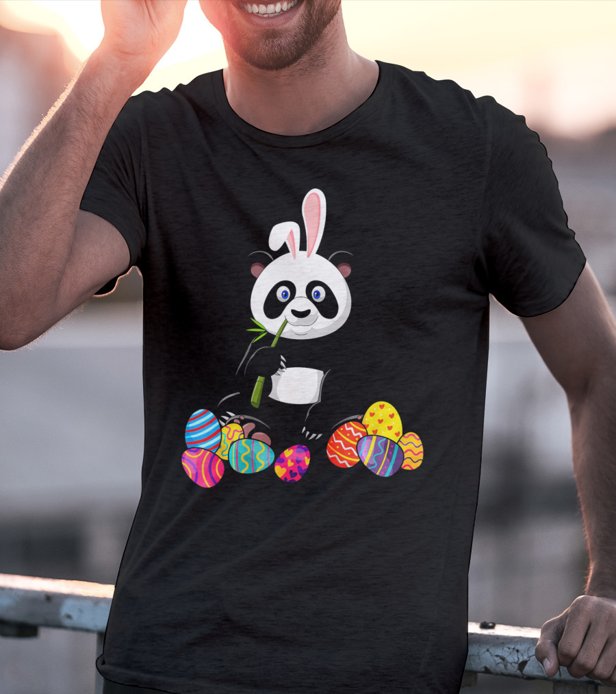Panda With Bunny Ears And Colorful Easter Eggs T-Shirt
