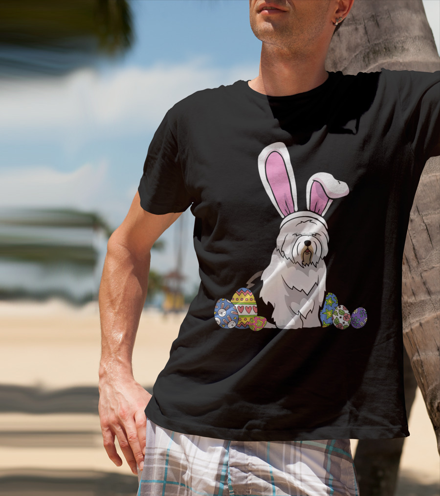 Old English Sheepdog Dressed As Easter Bunny With Colorful Eggs T-Shirt