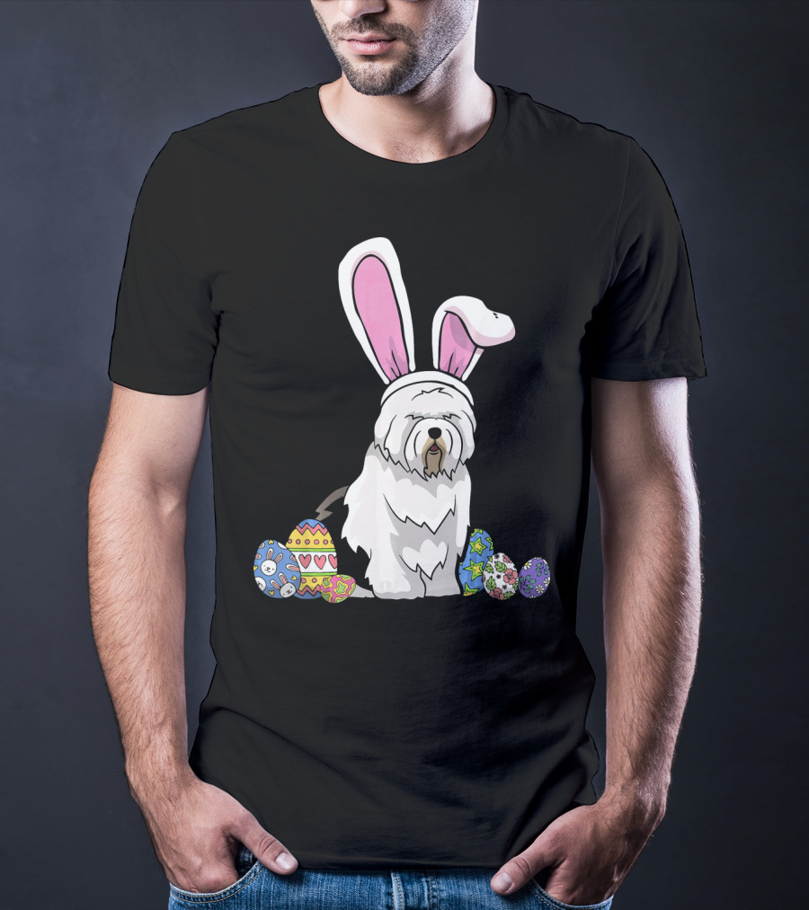 Old English Sheepdog Dressed As Easter Bunny With Colorful Eggs T-Shirt