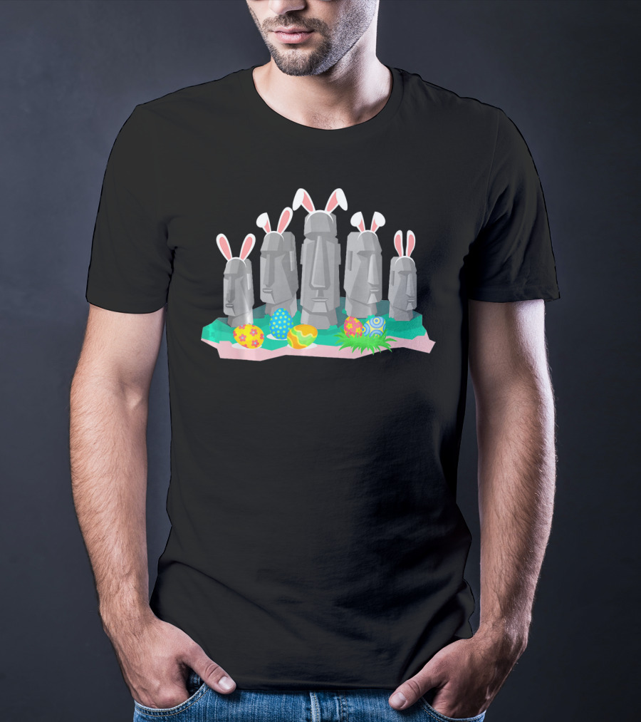 Easter Island Statues With Bunny Ears And Easter Eggs Holiday Humor T-Shirt