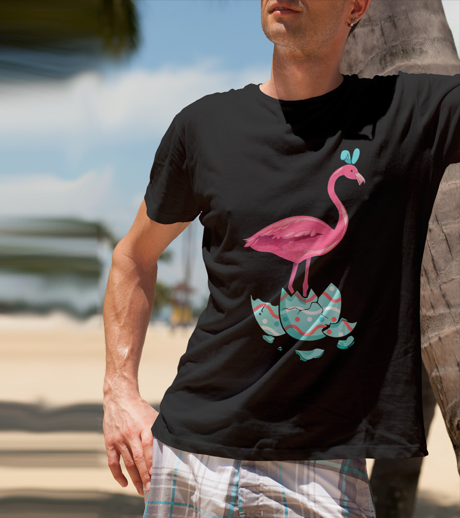 Funny Pink Flamingo On Easter Egg Bun With Bow T-Shirt