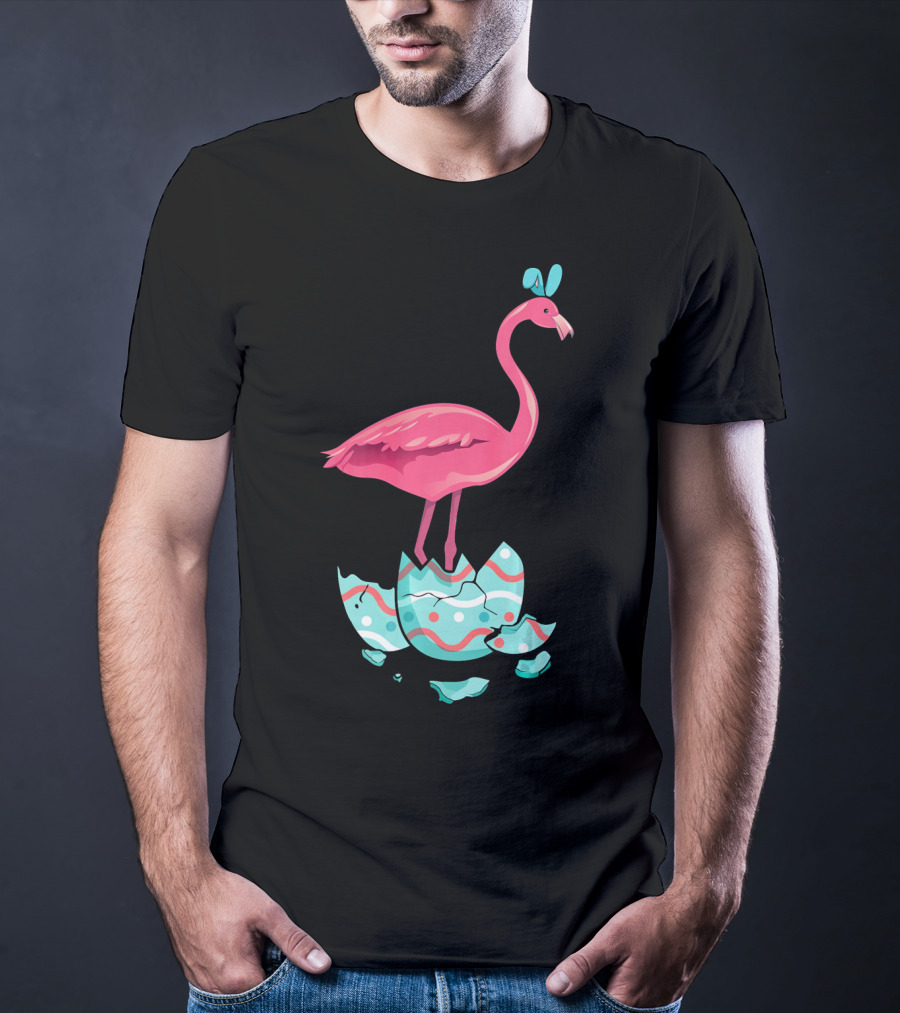 Funny Pink Flamingo On Easter Egg Bun With Bow T-Shirt