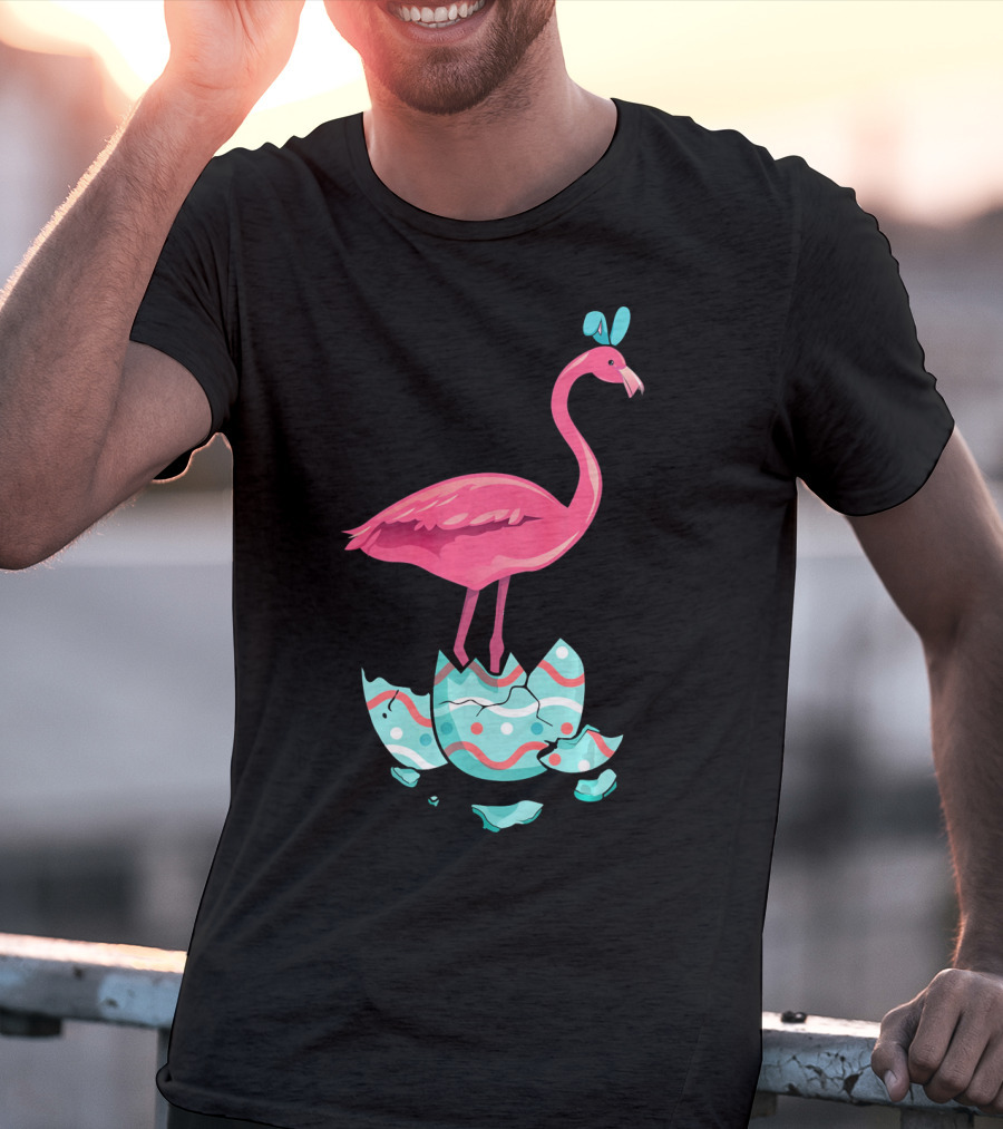 Funny Pink Flamingo On Easter Egg Bun With Bow T-Shirt