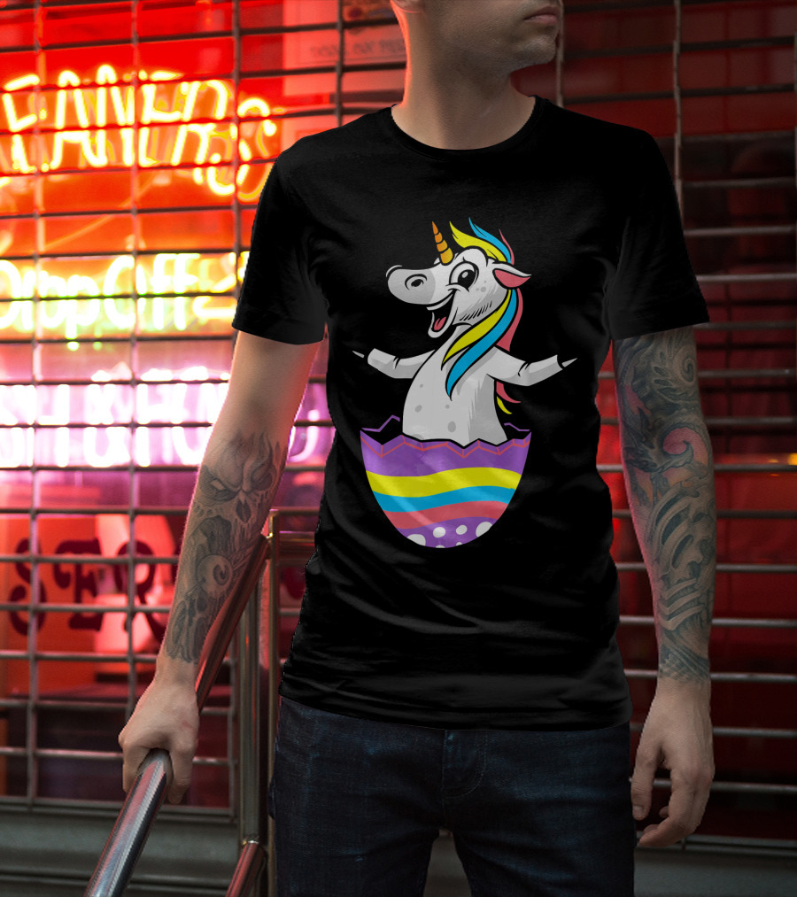 Easter Unicorn In Colorful Striped Egg T-Shirt