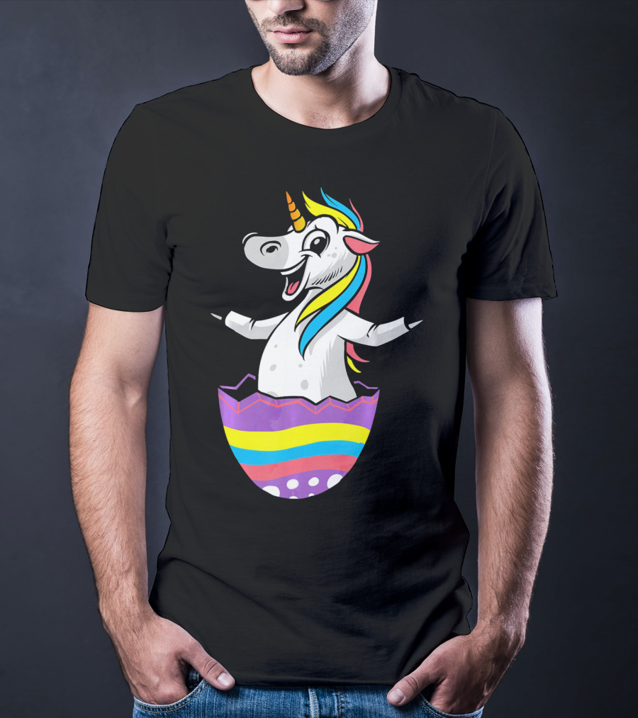 Easter Unicorn In Colorful Striped Egg T-Shirt