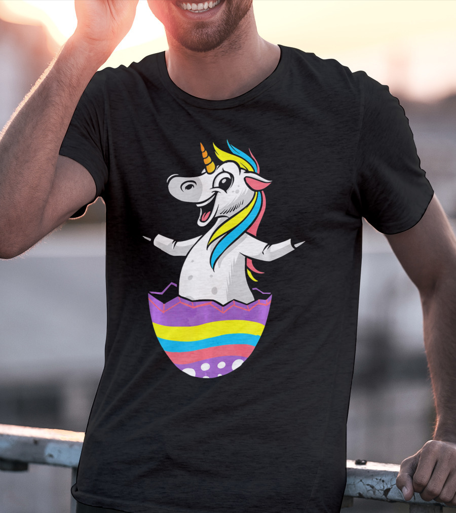Easter Unicorn In Colorful Striped Egg T-Shirt