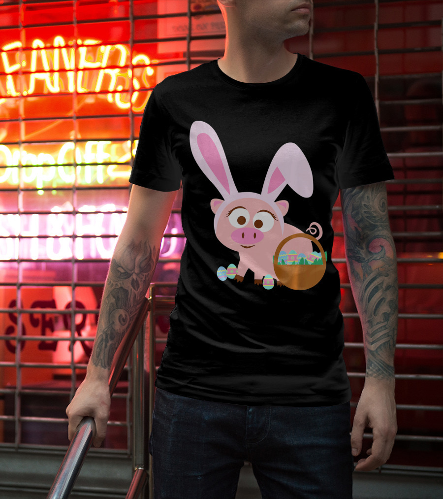 Happy Pig Bunny Ears Easter Eggs Basket T-Shirt