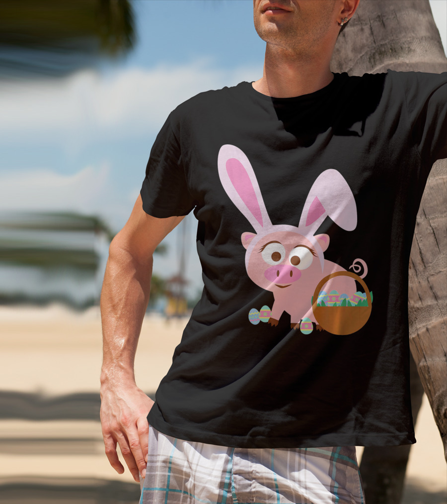 Happy Pig Bunny Ears Easter Eggs Basket T-Shirt