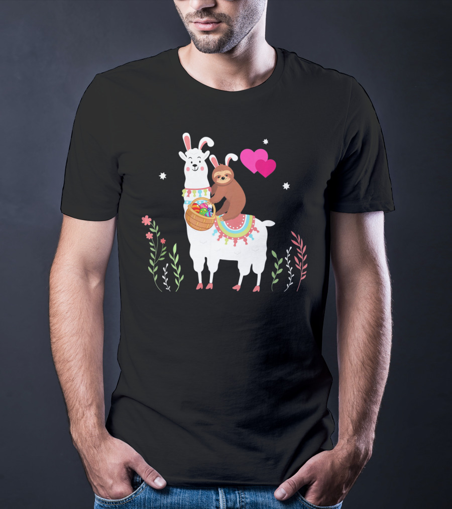 Sloth With Basket On Llama Wearing Easter Bunny Ears With Hearts And Flowers T-Shirt
