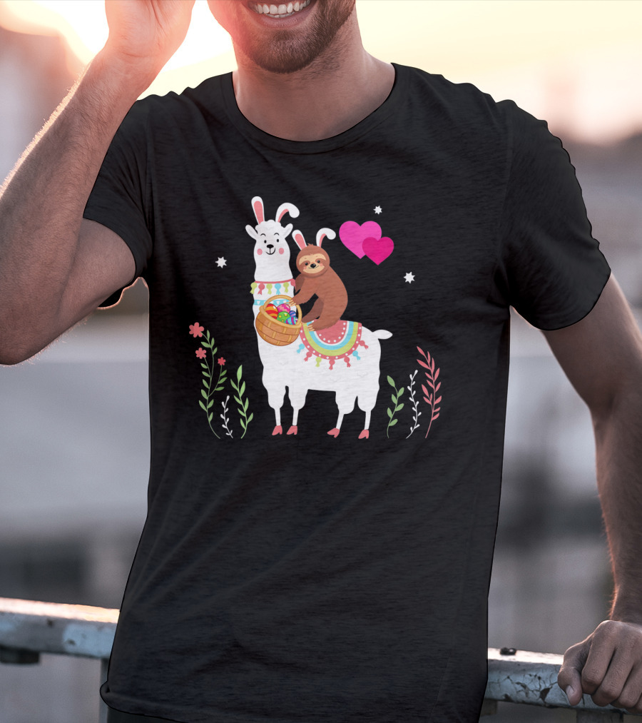 Sloth With Basket On Llama Wearing Easter Bunny Ears With Hearts And Flowers T-Shirt