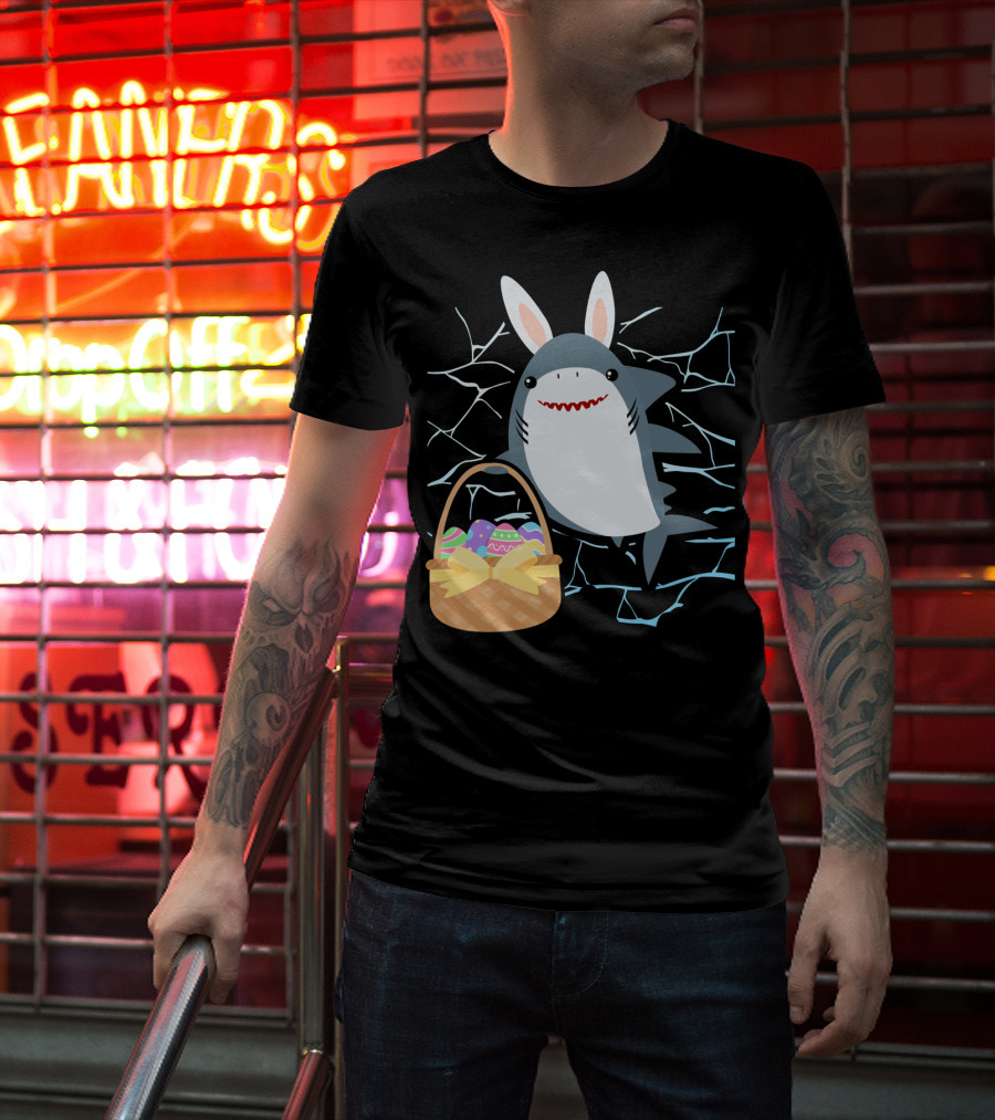 Easter Bunny Shark With Basket Of Eggs And Funny Expression T-Shirt