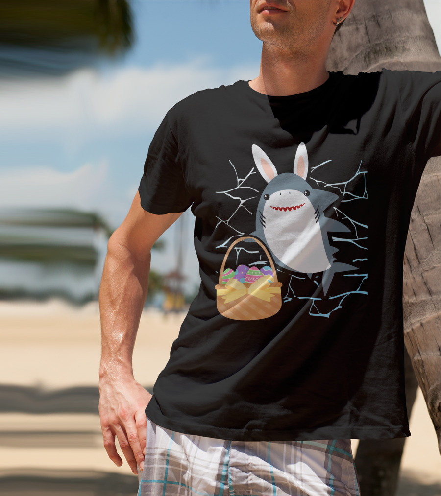 Easter Bunny Shark With Basket Of Eggs And Funny Expression T-Shirt