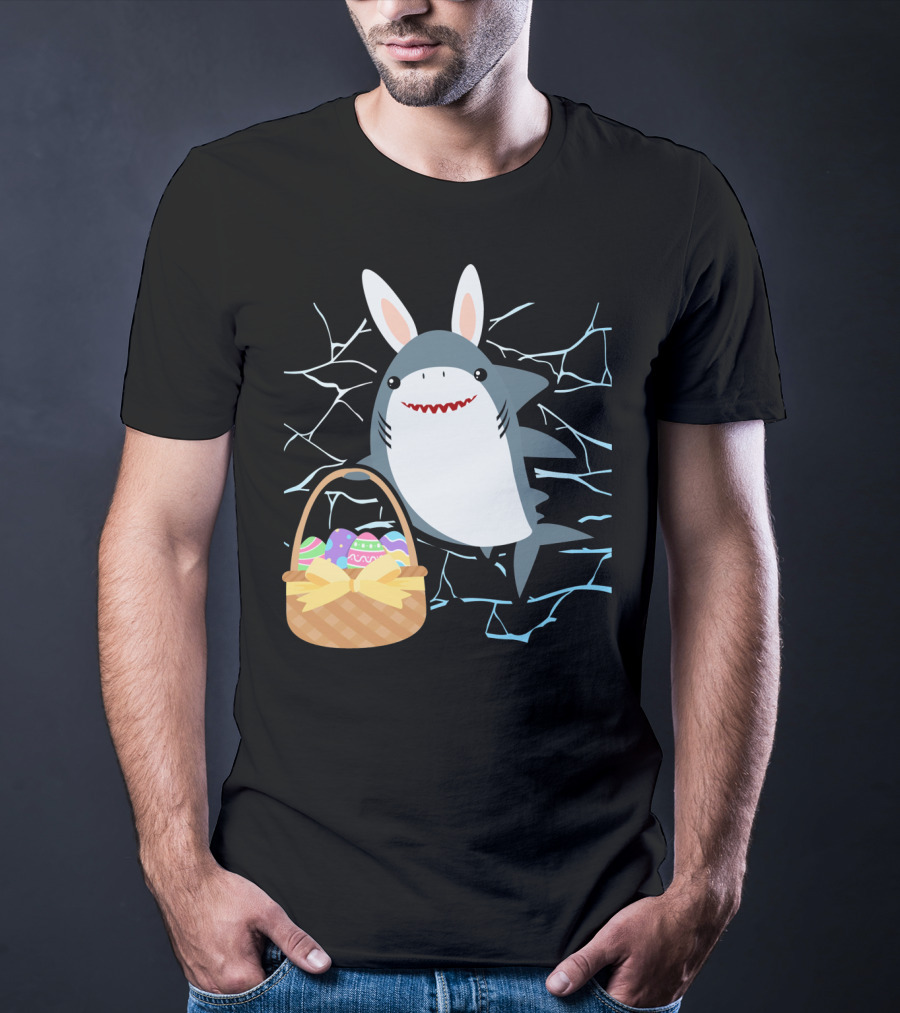 Easter Bunny Shark With Basket Of Eggs And Funny Expression T-Shirt