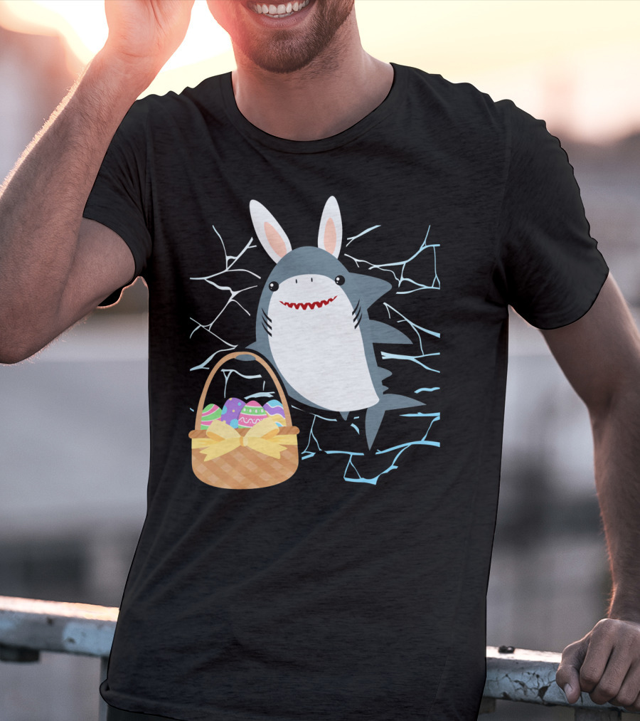 Easter Bunny Shark With Basket Of Eggs And Funny Expression T-Shirt