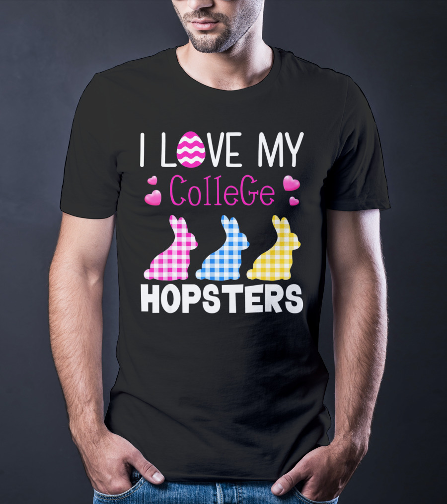 I Love My College Hopsters Easter Bunnies Plaid Hearts T-Shirt