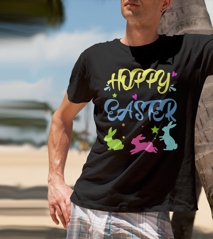 Hoppy Easter Novelty Orthodox Colorful Bunny Silhouettes With Hearts And Stars T-Shirt