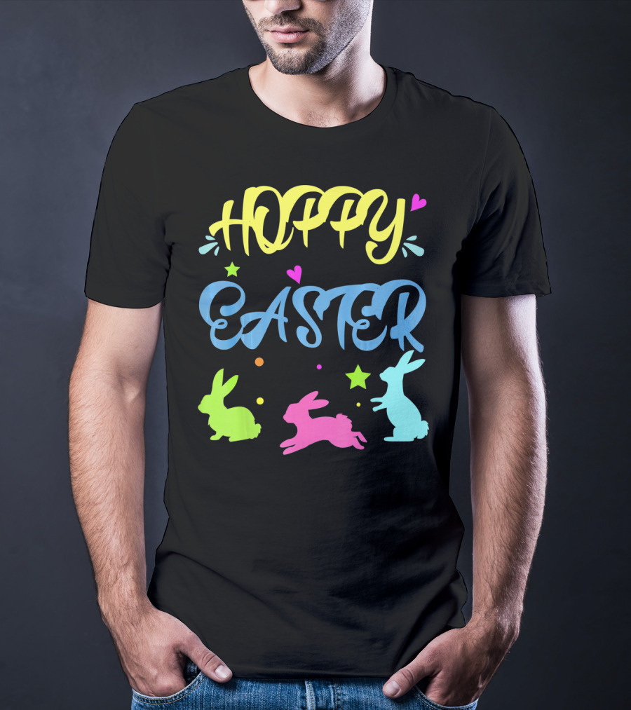 Hoppy Easter Novelty Orthodox Colorful Bunny Silhouettes With Hearts And Stars T-Shirt