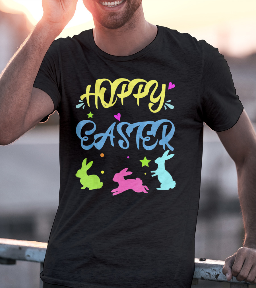 Hoppy Easter Novelty Orthodox Colorful Bunny Silhouettes With Hearts And Stars T-Shirt