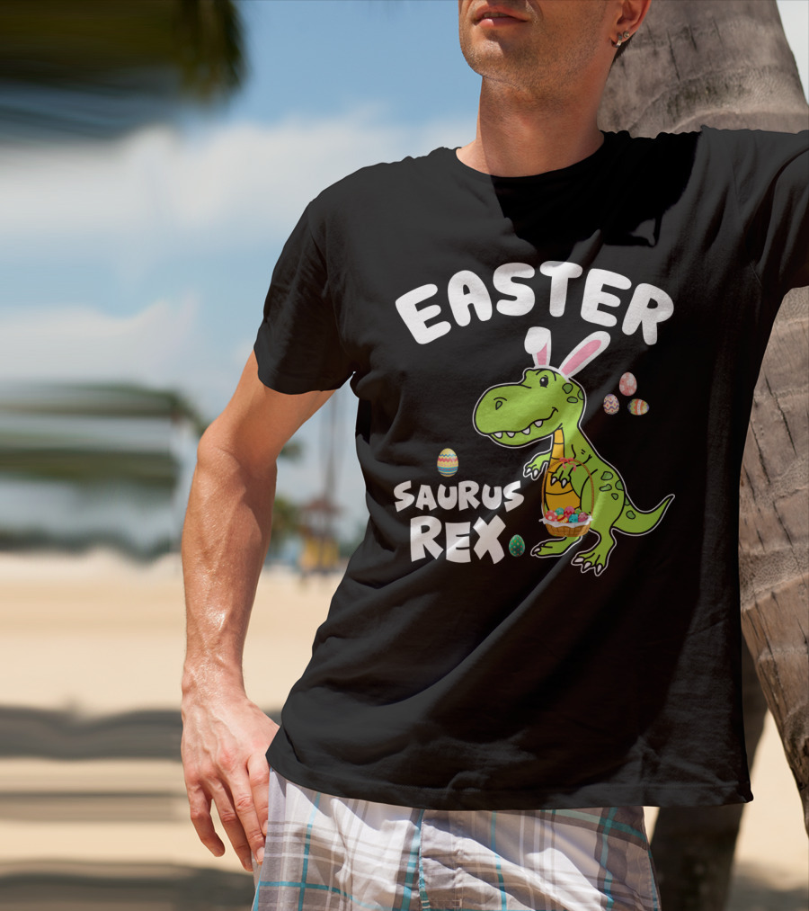 Easter Saurus Rex Dinosaur With Bunny Ears And Colorful Eggs T-Shirt