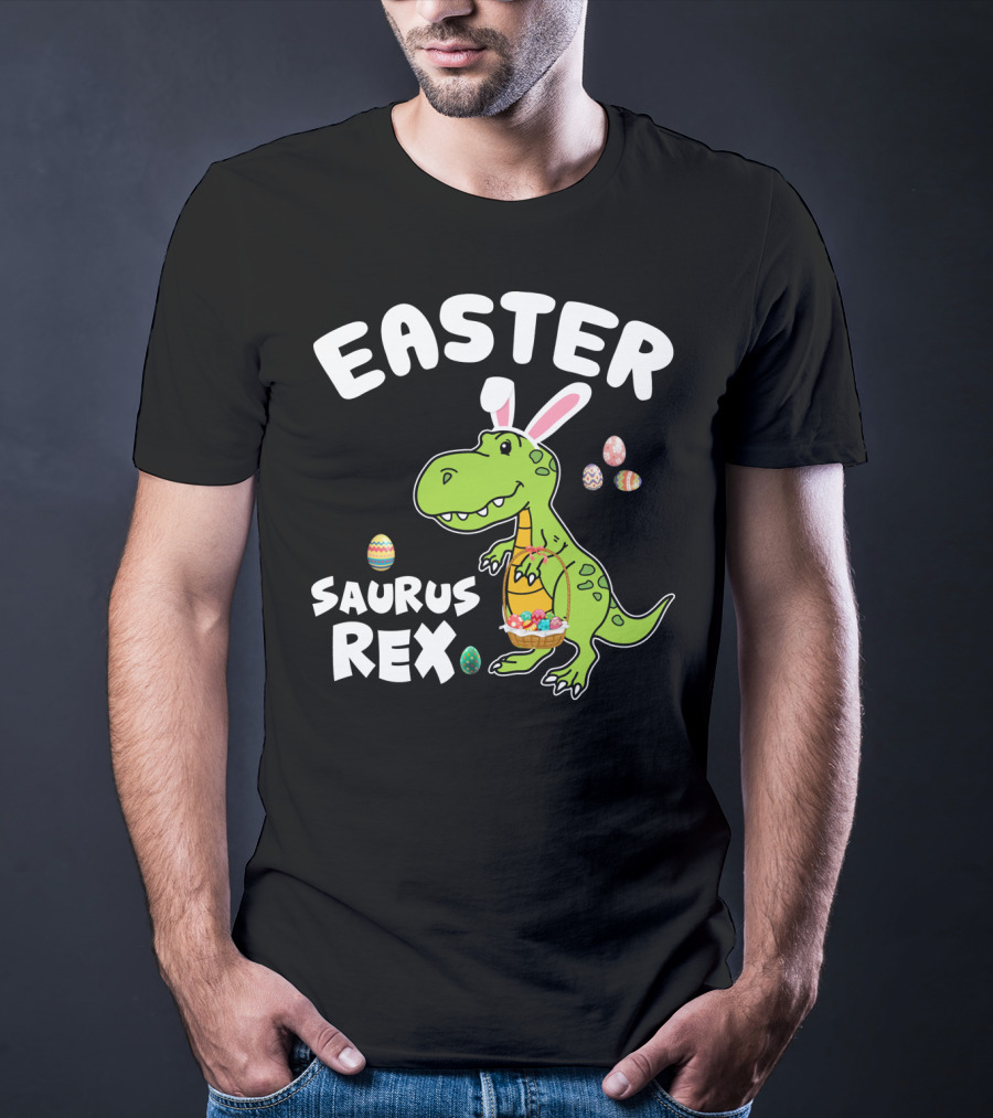 Easter Saurus Rex Dinosaur With Bunny Ears And Colorful Eggs T-Shirt