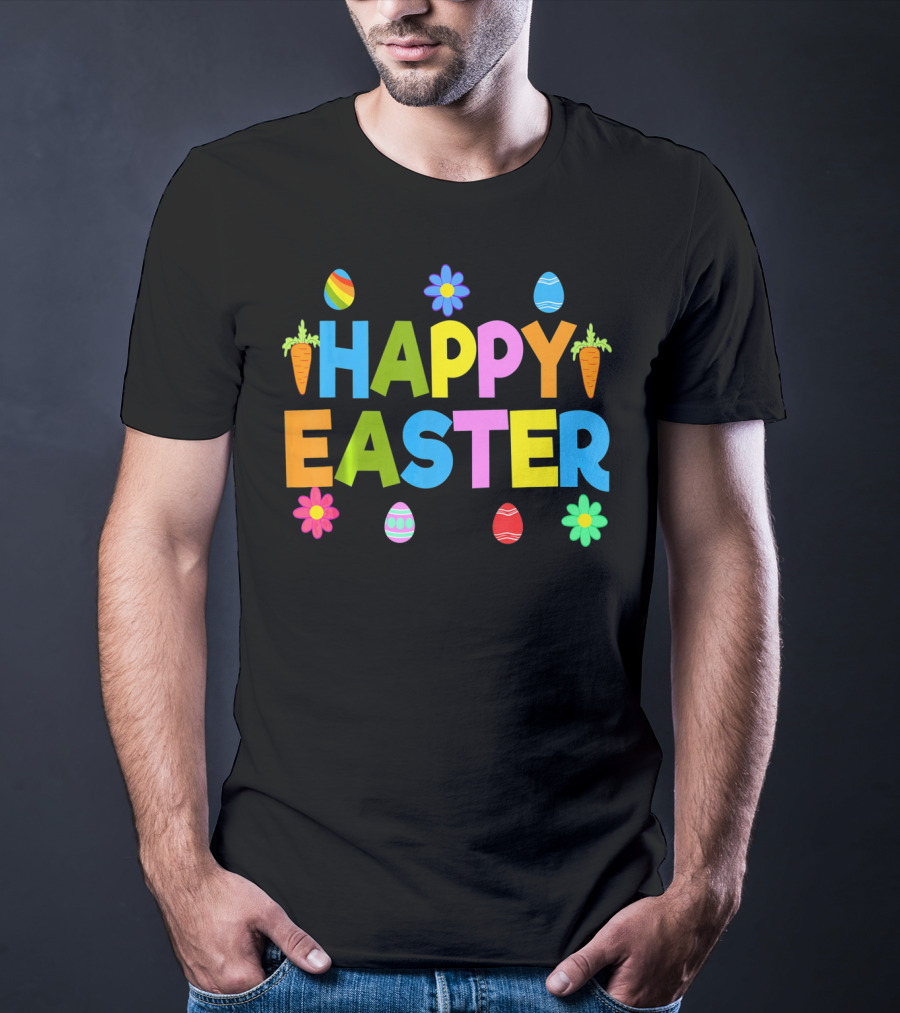 Happy Easter Bunny Carrot Colorful Eggs Flowers T-Shirt