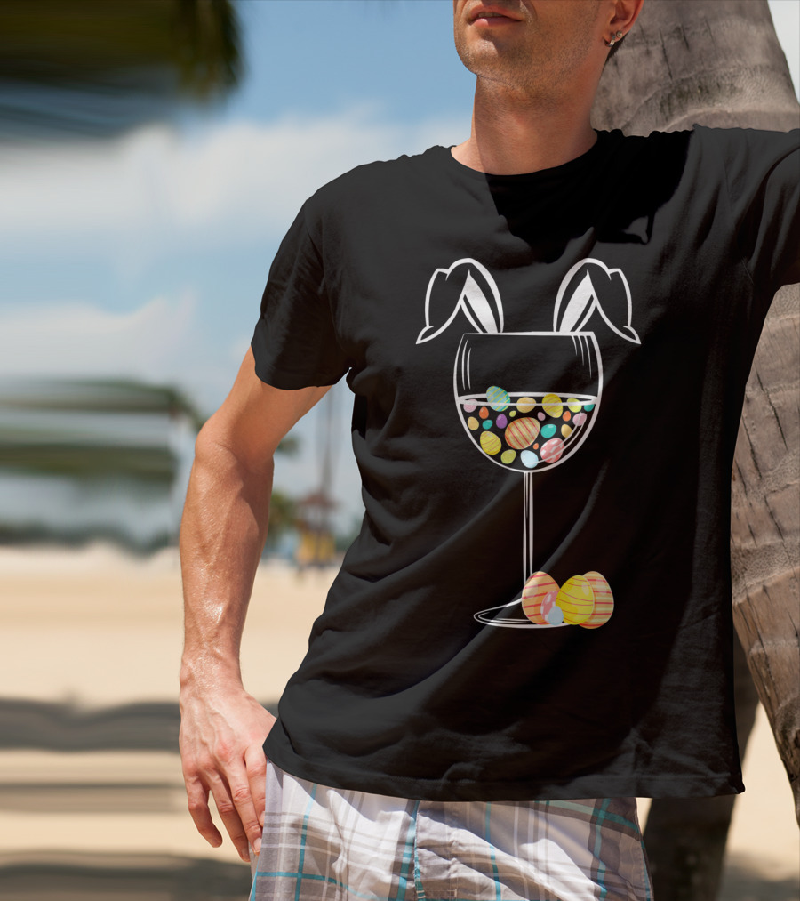 Bunny Ears Wine Glass With Colorful Easter Eggs T-Shirt