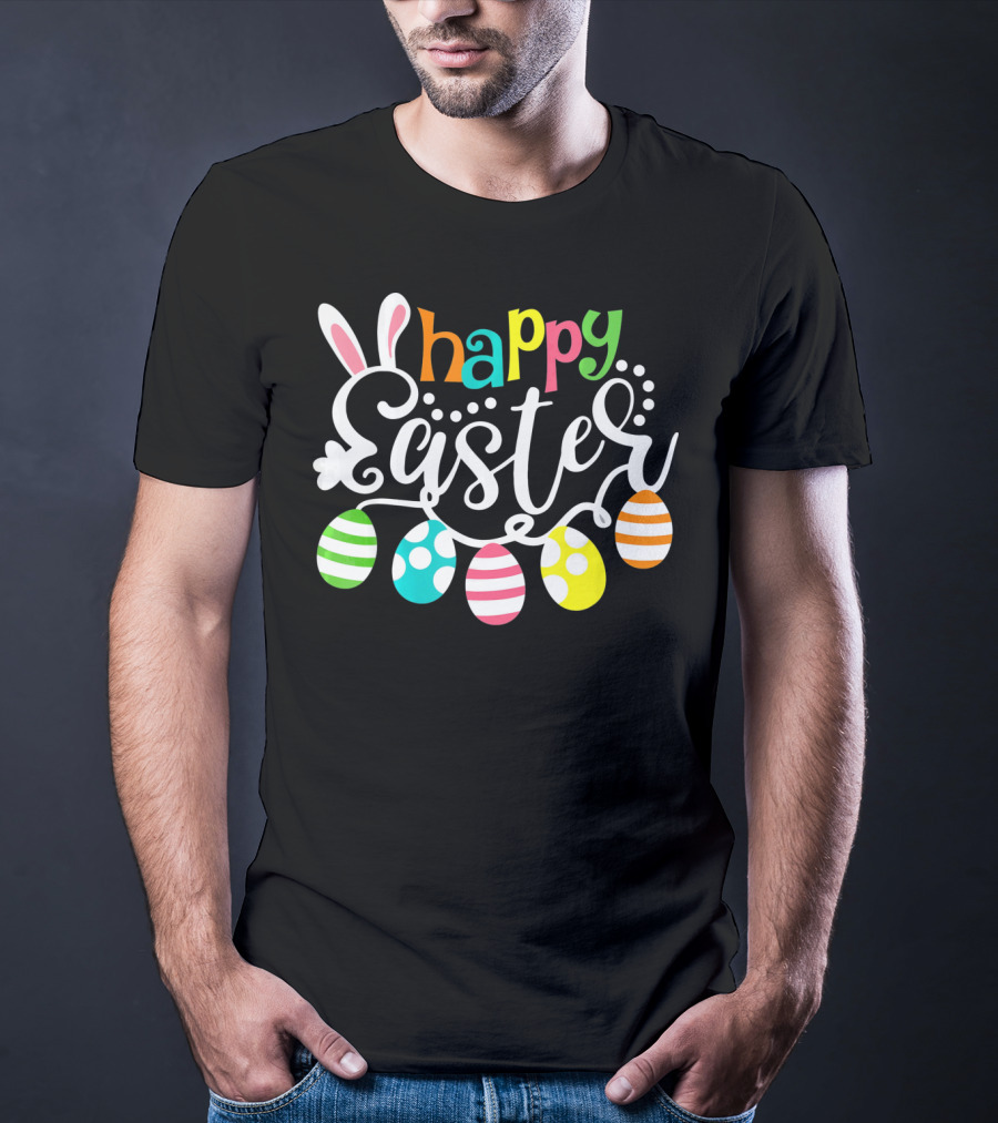 Happy Easter Cute Bunny And Colorful Easter Egg Garland T-Shirt