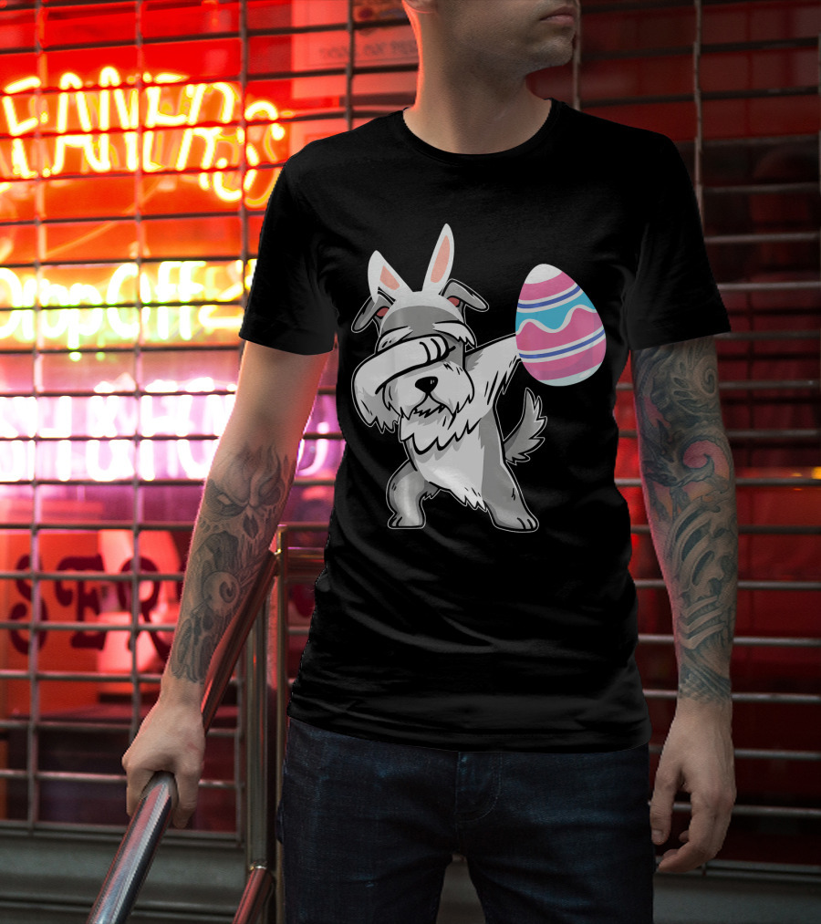 Easter Bunny Ears Schnauzer Dog Dabbing With Colorful Egg T-Shirt