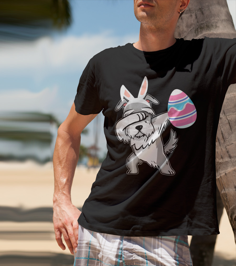 Easter Bunny Ears Schnauzer Dog Dabbing With Colorful Egg T-Shirt