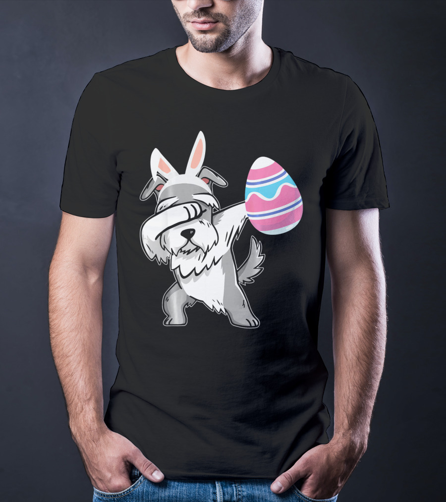 Easter Bunny Ears Schnauzer Dog Dabbing With Colorful Egg T-Shirt