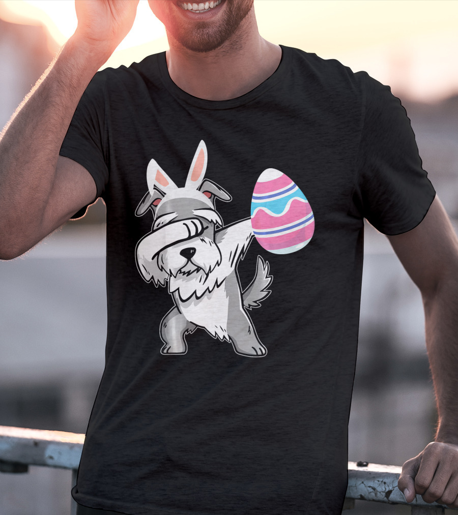 Easter Bunny Ears Schnauzer Dog Dabbing With Colorful Egg T-Shirt