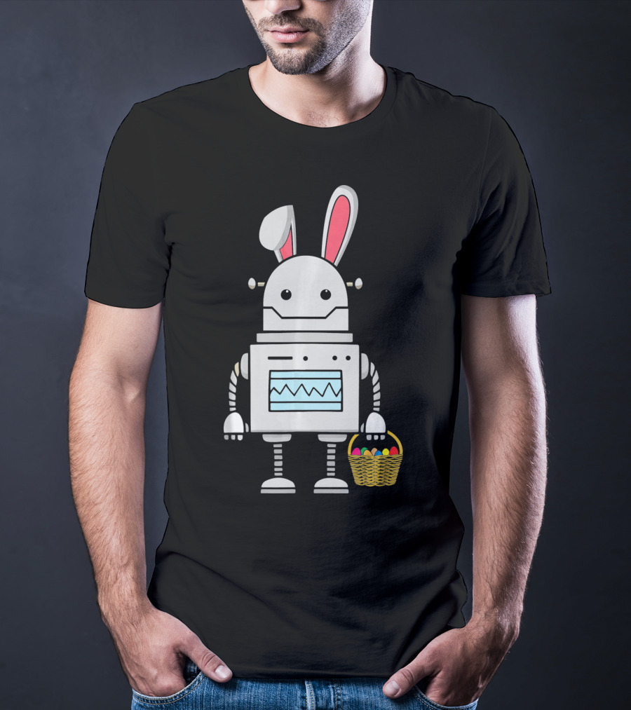 Cute Easter Robot Bunny With Basket Of Colorful Eggs T-Shirt