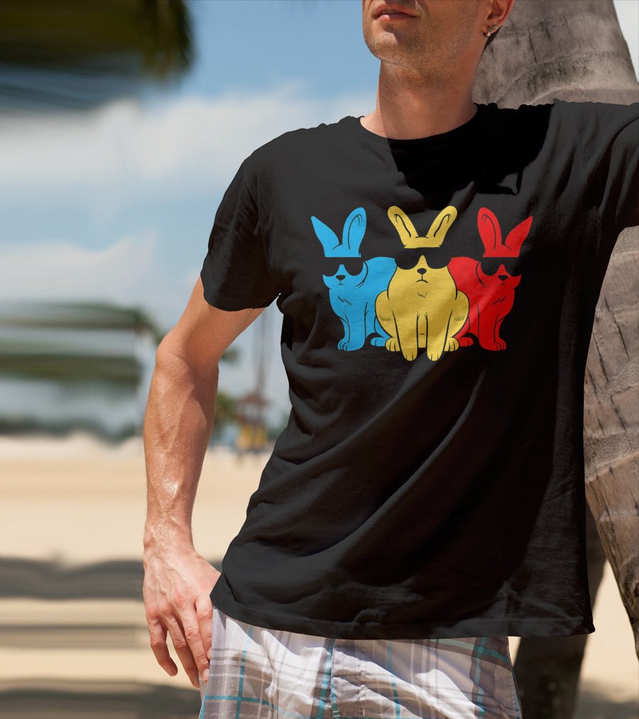 Hip Trio Bunnies Shades Funny Hipster Blue Yellow Red T-Shirt