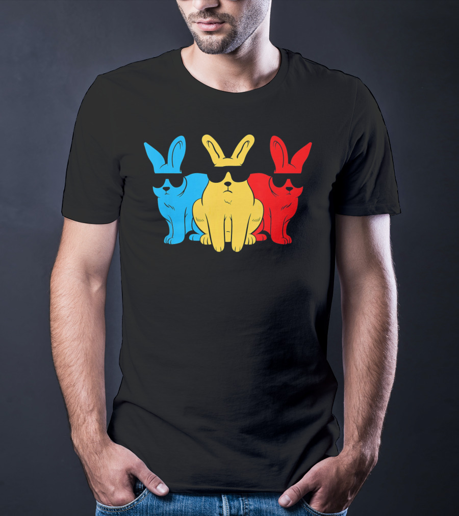 Hip Trio Bunnies Shades Funny Hipster Blue Yellow Red T-Shirt