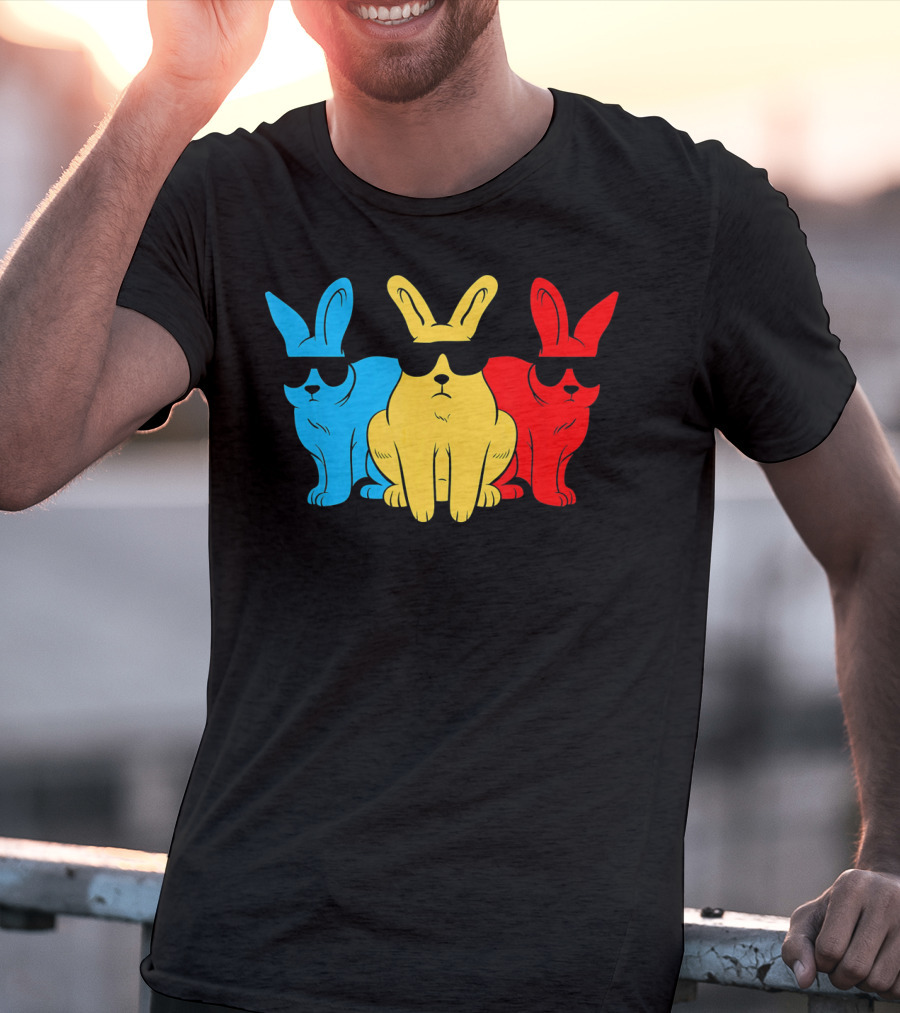 Hip Trio Bunnies Shades Funny Hipster Blue Yellow Red T-Shirt