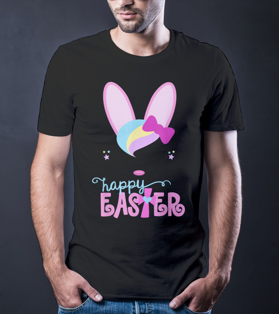 HAPPY EASTER Bunny Face Girls Bow Stars Colorful Ears T-Shirt