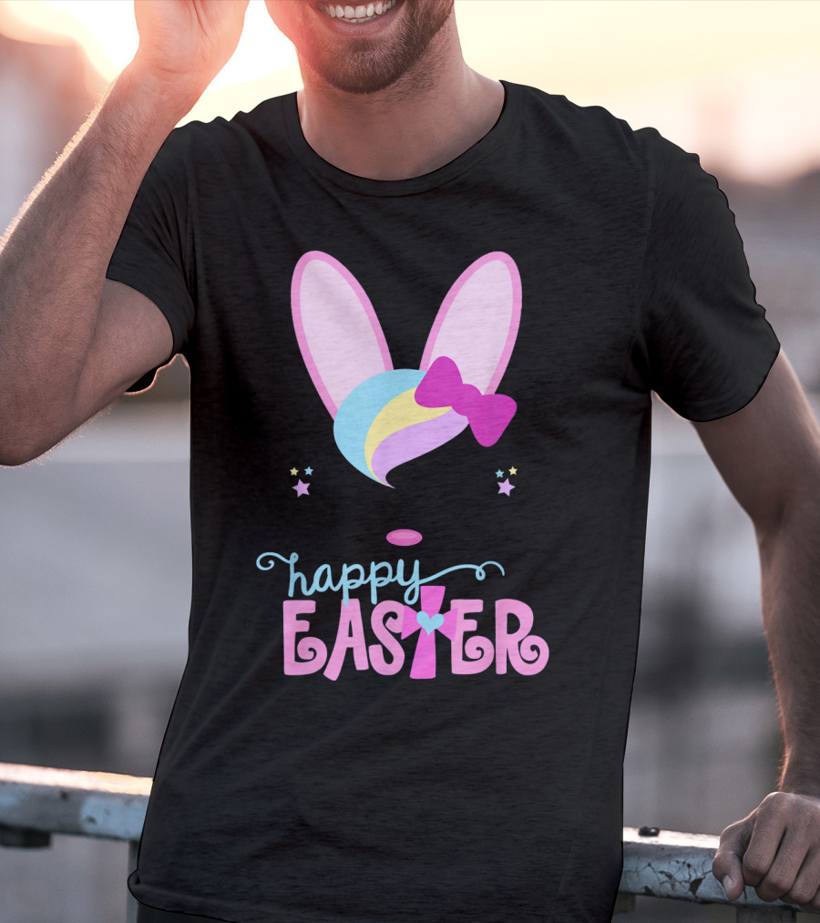 HAPPY EASTER Bunny Face Girls Bow Stars Colorful Ears T-Shirt