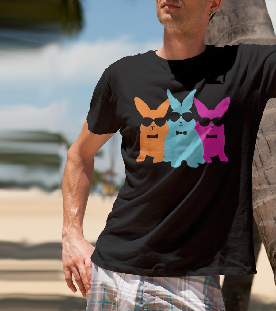 Hipster Easter Bunny Cool Rabbits Sunglasses Neon Trio Bow Ties T-Shirt