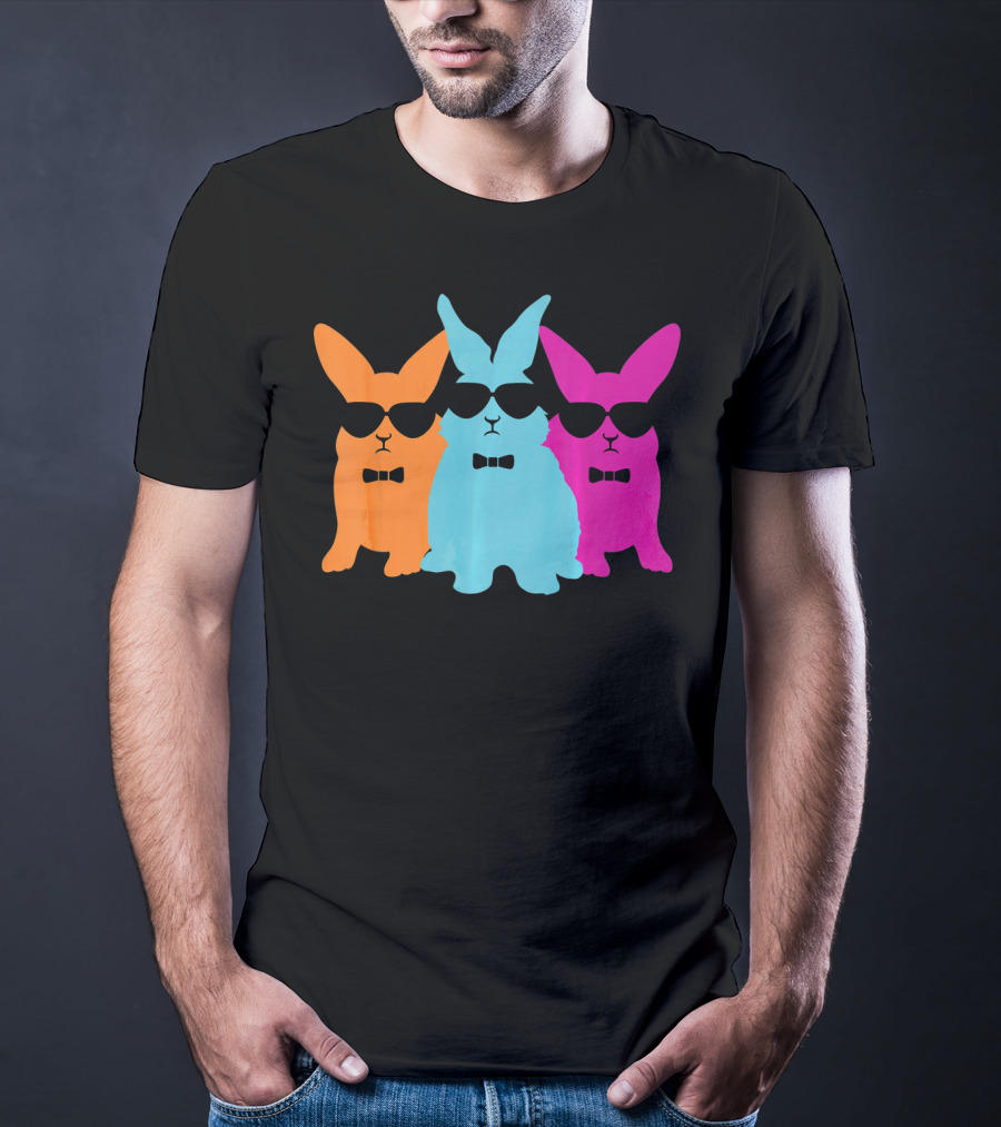 Hipster Easter Bunny Cool Rabbits Sunglasses Neon Trio Bow Ties T-Shirt