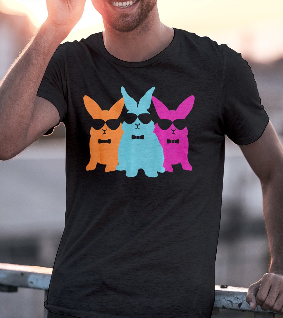 Hipster Easter Bunny Cool Rabbits Sunglasses Neon Trio Bow Ties T-Shirt