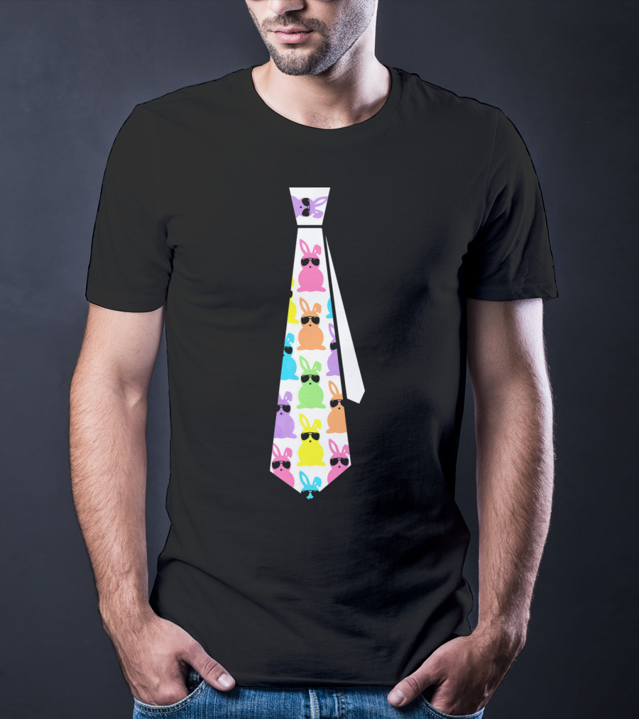 Funny Colorful Easter Bunny Necktie With Sunglasses T-Shirt