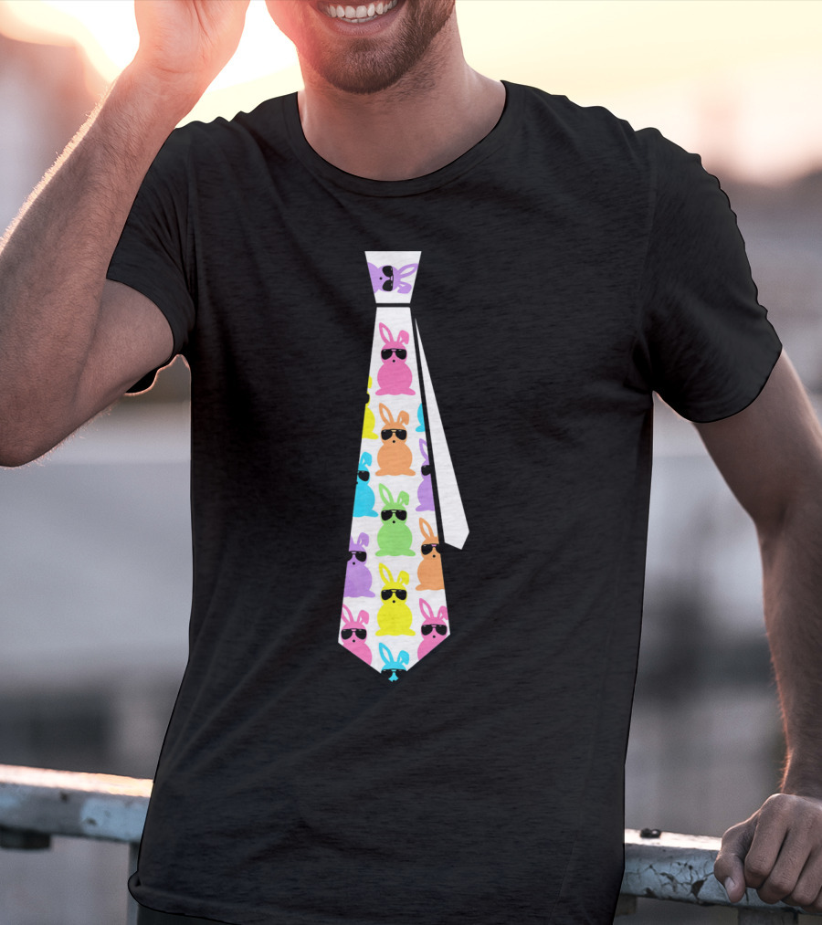 Funny Colorful Easter Bunny Necktie With Sunglasses T-Shirt