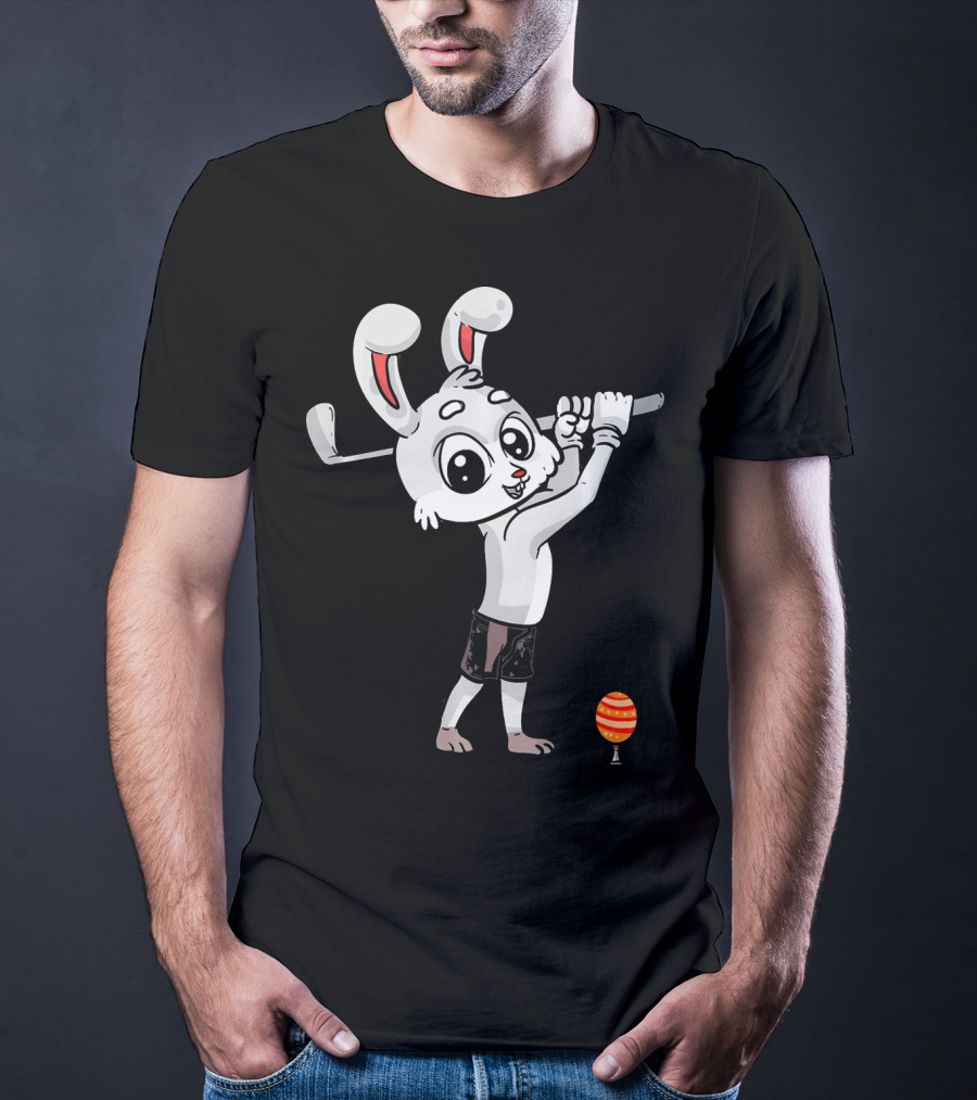 Funny Easter Bunny Playing Golf With Striped Egg T-Shirt