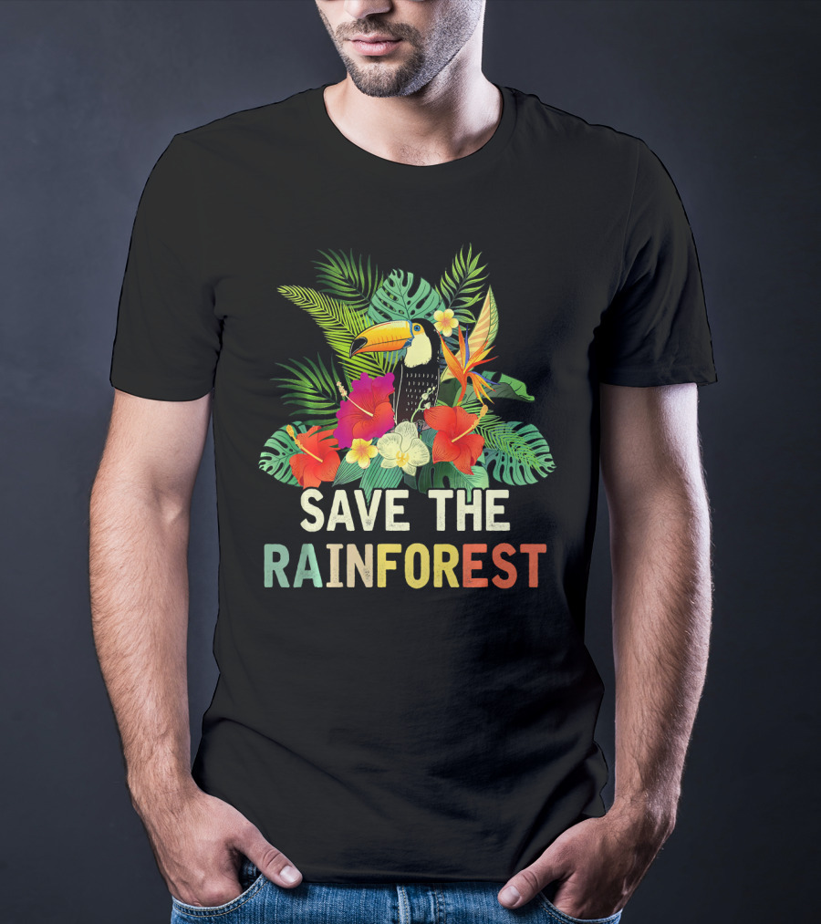 Save The Rainforest Colorful Toucan And Tropical Flowers T-Shirt