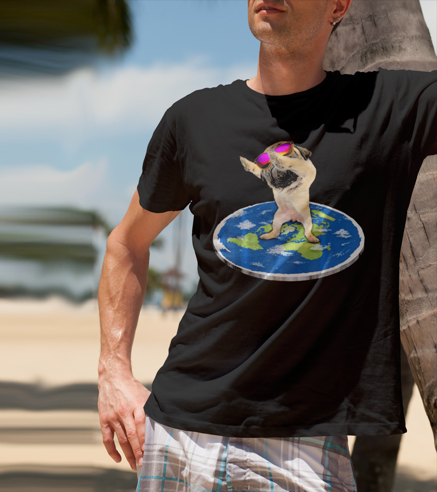 Flat Earth Pug Dabbing With Sunglasses On World Map T-Shirt