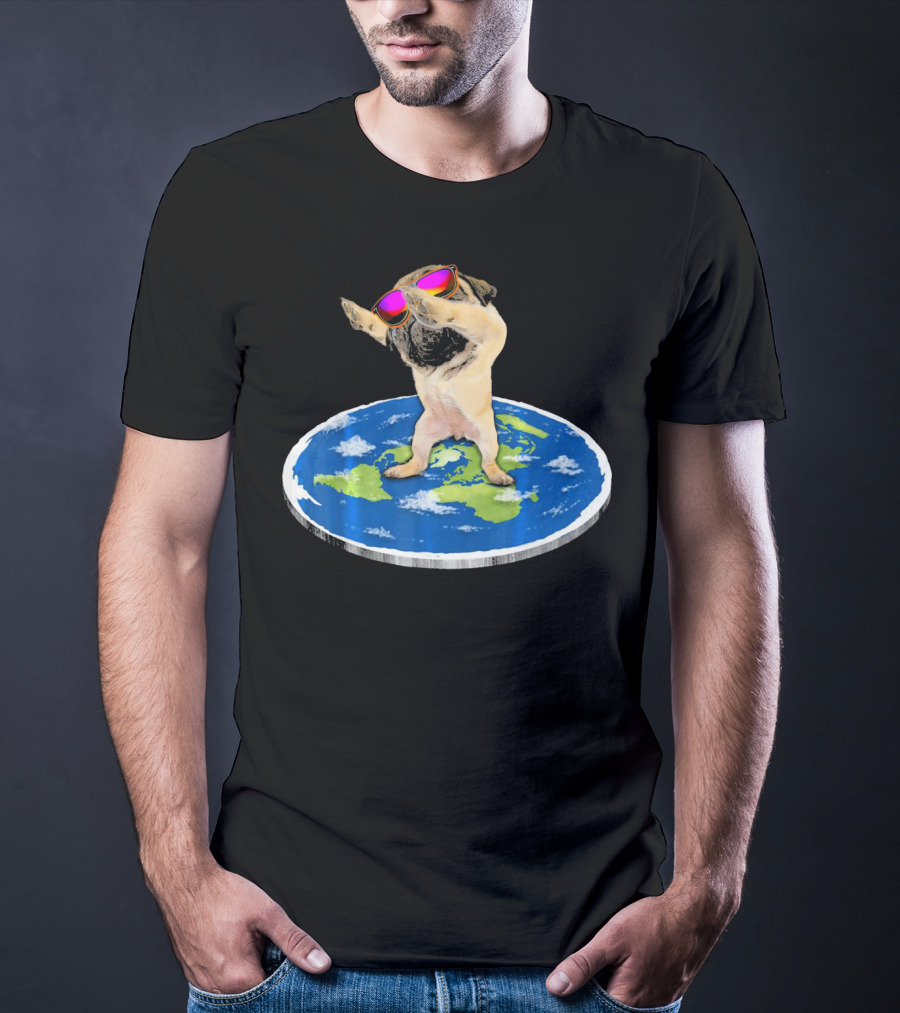 Flat Earth Pug Dabbing With Sunglasses On World Map T-Shirt