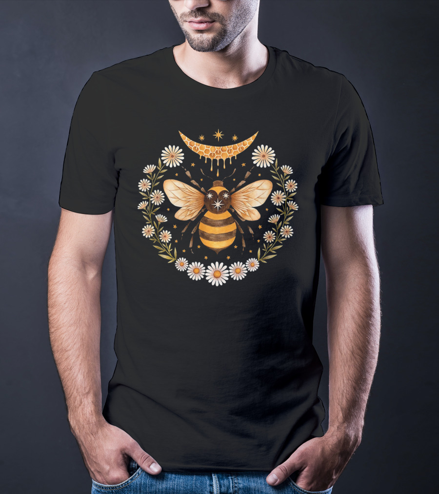 Honey Bee With Flowers And Crescent Moon T-Shirt