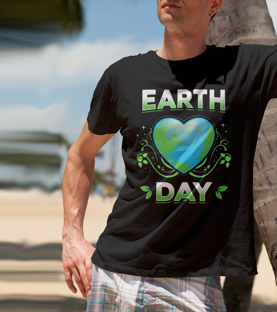 Earth Day Heart With Green Leaves And Swirls T-Shirt
