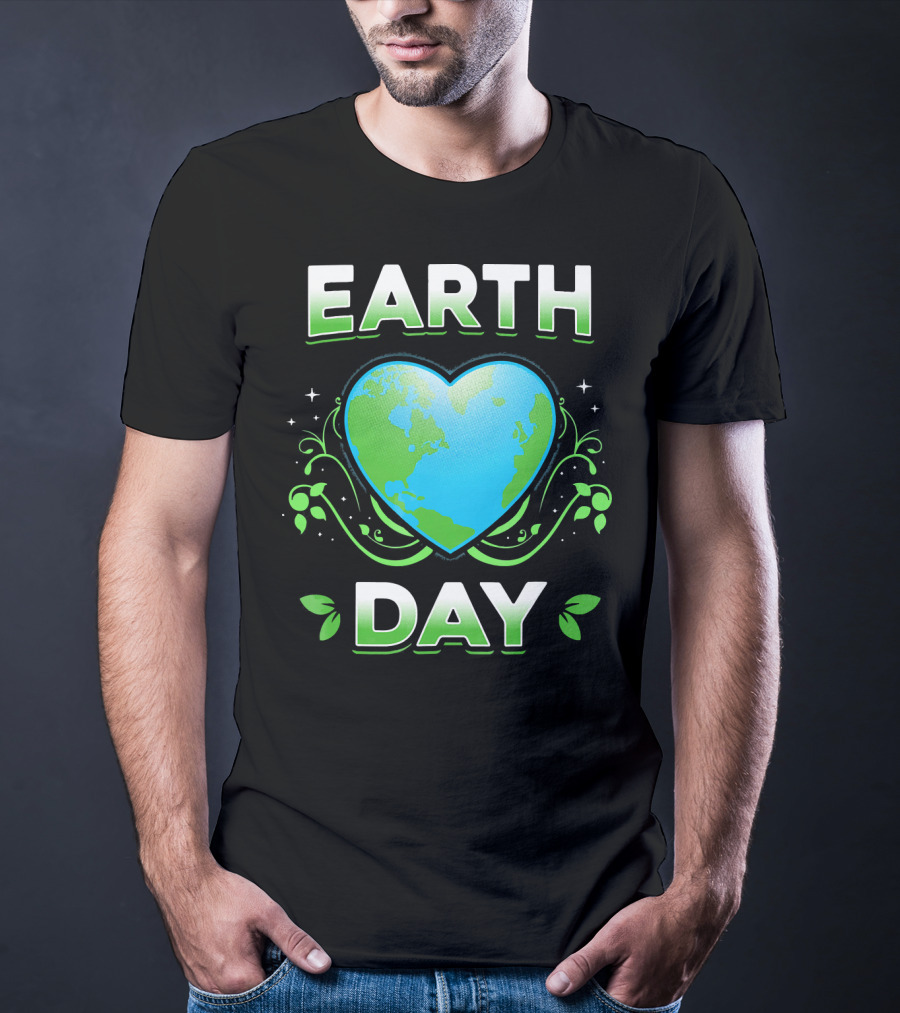 Earth Day Heart With Green Leaves And Swirls T-Shirt